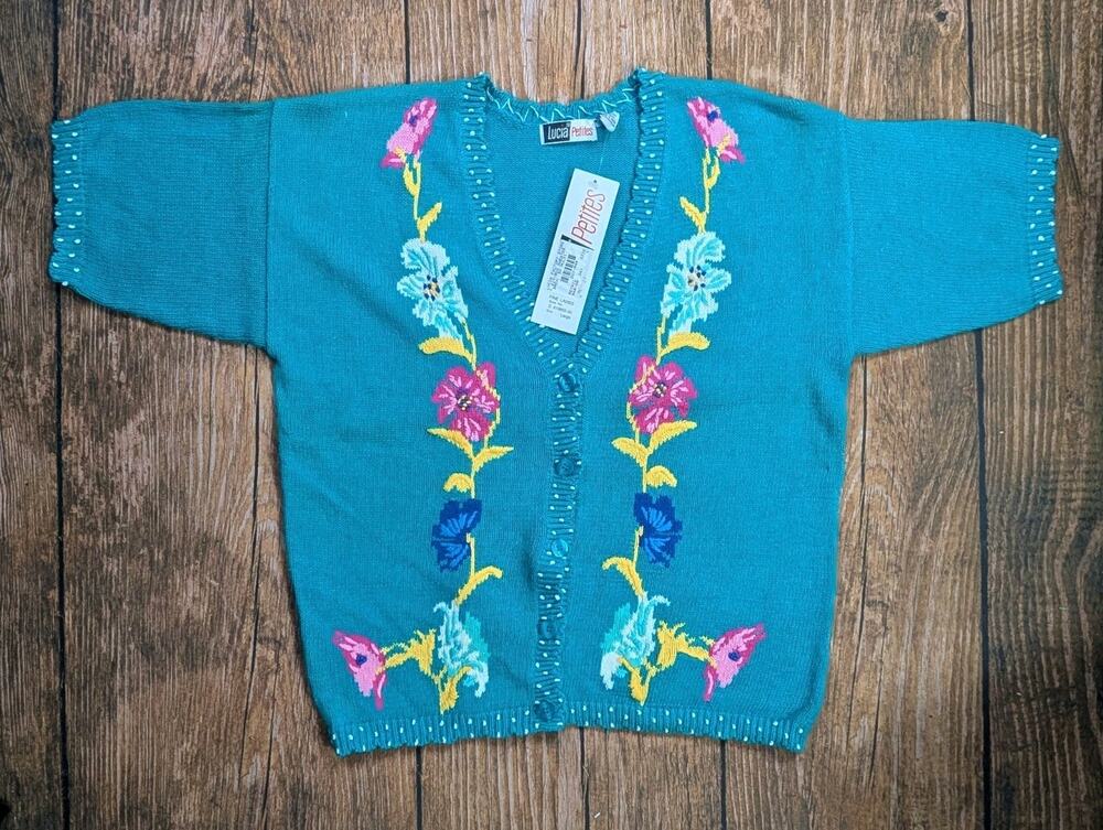 New Vintage Lucia Large Floral Spring Cardigan Sweater Novelty Grannycore NOS